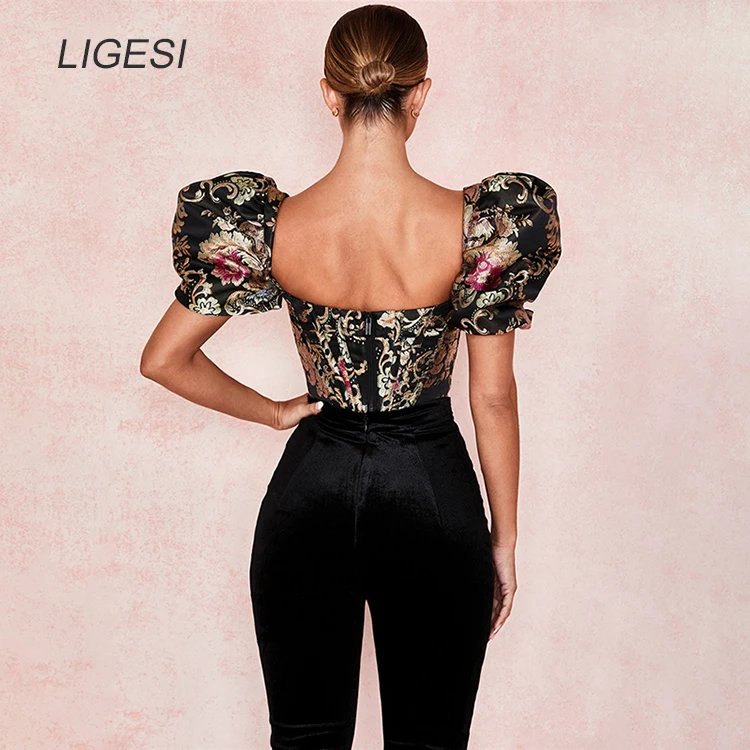 Embroidered floral black women blouse shirt Puff sleeve elegant party blouses tops Sexy bustier corset crop top