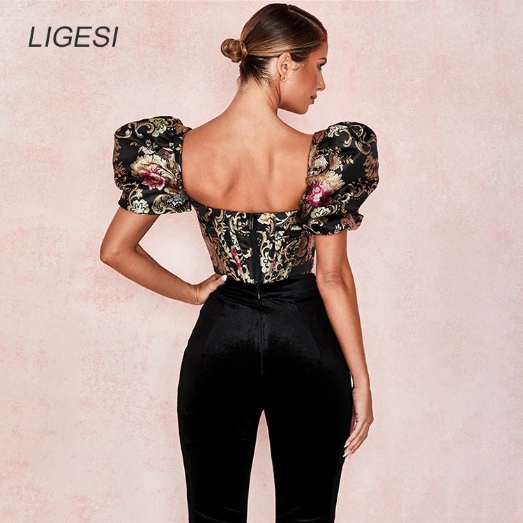 Embroidered floral black women blouse shirt Puff sleeve elegant party blouses tops Sexy bustier corset crop top