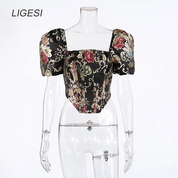 Embroidered floral black women blouse shirt Puff sleeve elegant party blouses tops Sexy bustier corset crop top