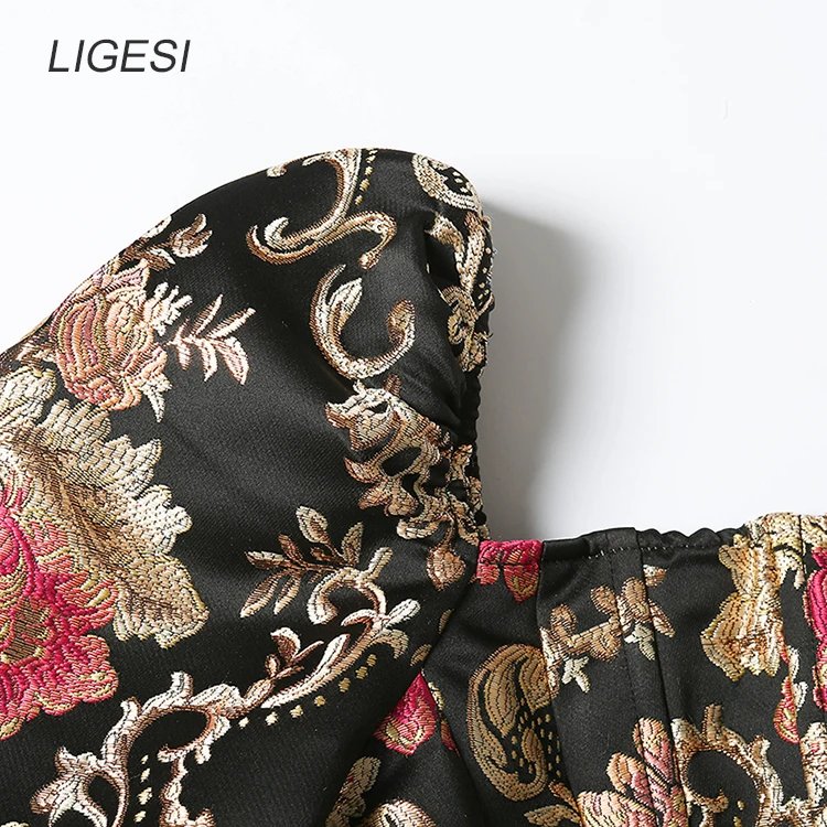 Embroidered floral black women blouse shirt Puff sleeve elegant party blouses tops Sexy bustier corset crop top