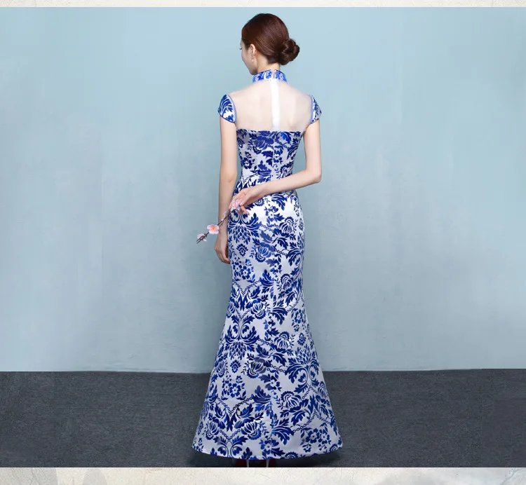 Blue and white porcelain cheongsam fashion show long Chinese-style etiquette host dress improved for women
