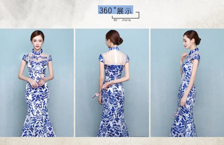Blue and white porcelain cheongsam fashion show long Chinese-style etiquette host dress improved for women
