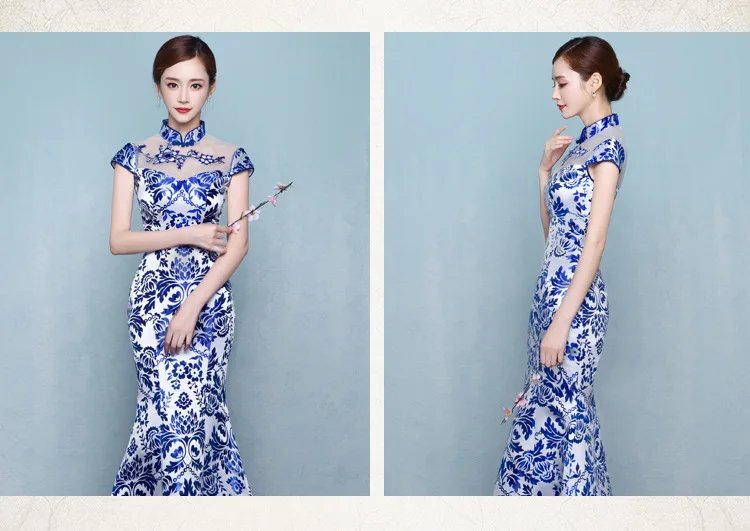 Blue and white porcelain cheongsam fashion show long Chinese-style etiquette host dress improved for women