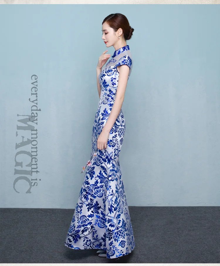 Blue and white porcelain cheongsam fashion show long Chinese-style etiquette host dress improved for women