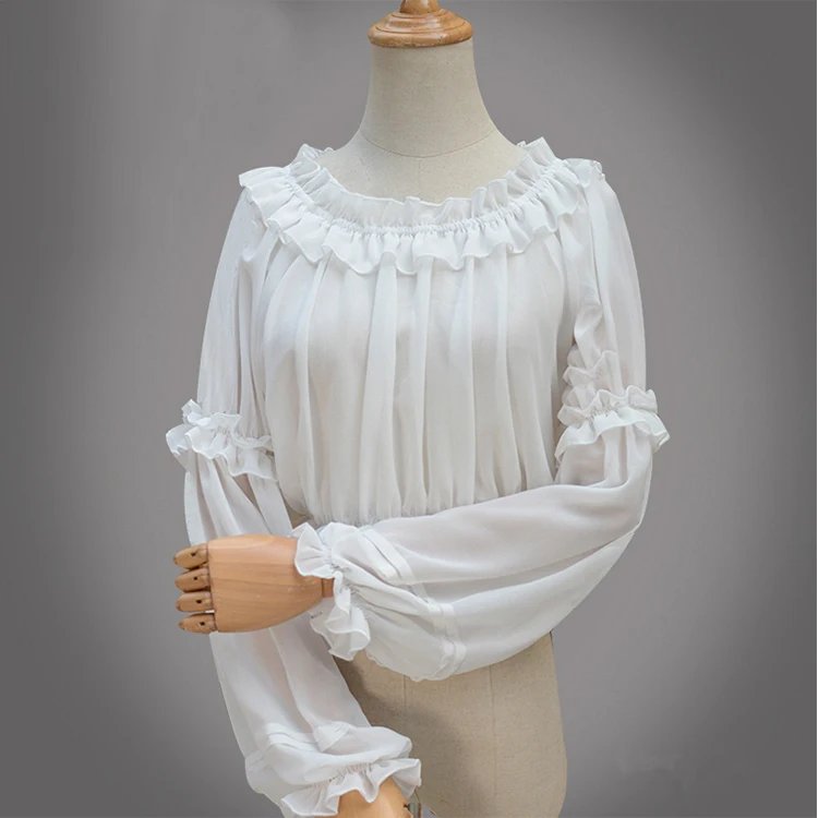 Spring Summer Women Chiffon Short Lolita Shirt Gothic Victorian Blouse Girls Casual Bottoming Shirt White Black Corset Tops