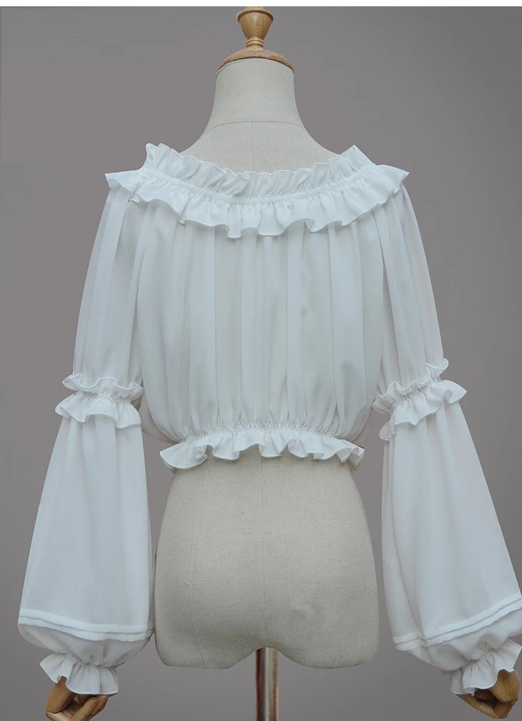 Spring Summer Women Chiffon Short Lolita Shirt Gothic Victorian Blouse Girls Casual Bottoming Shirt White Black Corset Tops