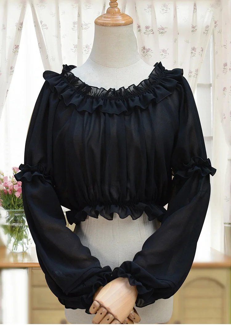 Spring Summer Women Chiffon Short Lolita Shirt Gothic Victorian Blouse Girls Casual Bottoming Shirt White Black Corset Tops