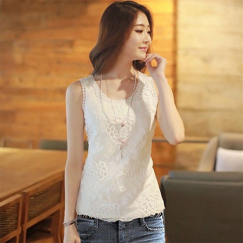 Womens Blouse Shirt Femininas Summer Tops and Blouses Lace Elegant Sleeveless Blusas Crochet Casual Flower Tops Plus Size Women