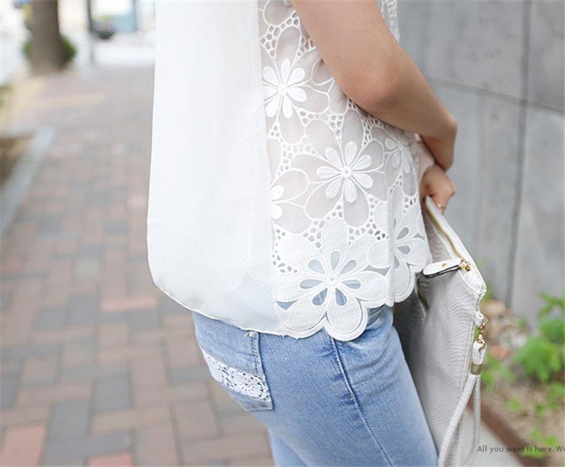 Womens Blouse Shirt Femininas Summer Tops and Blouses Lace Elegant Sleeveless Blusas Crochet Casual Flower Tops Plus Size Women