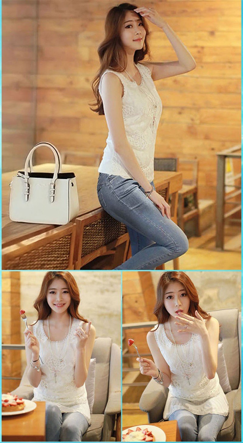 Womens Blouse Shirt Femininas Summer Tops and Blouses Lace Elegant Sleeveless Blusas Crochet Casual Flower Tops Plus Size Women