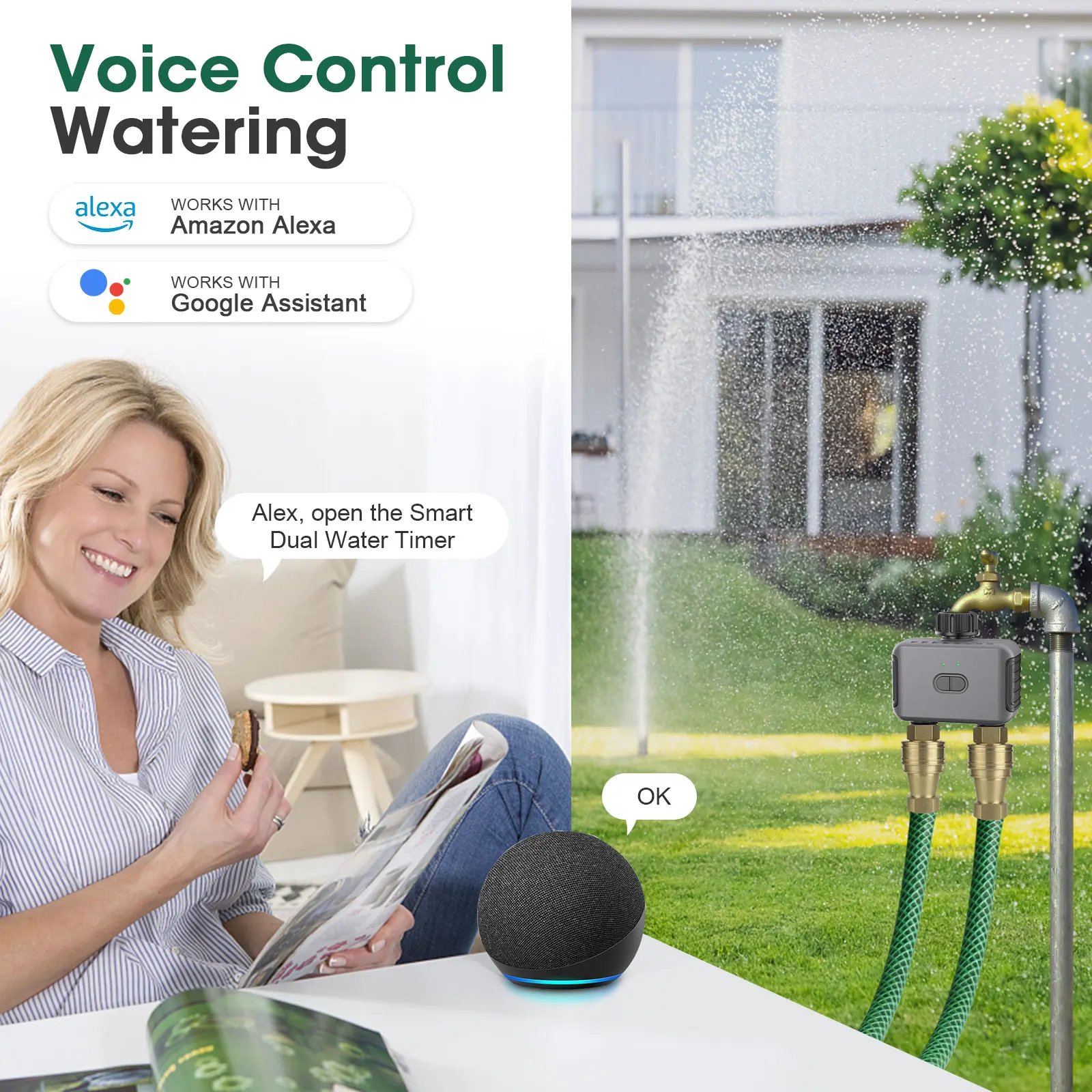 Zigbee/BT Automatic Water Timer Dual Hose Garden Irrigation Watering System Faucet Sprinkler Programmer support Alexa IPX5