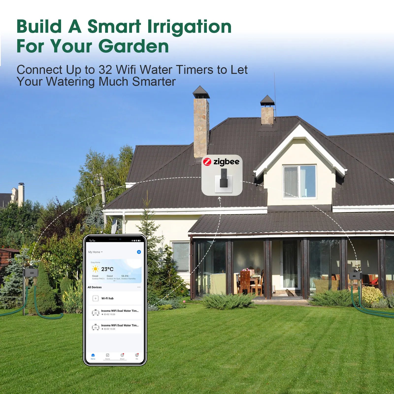 Zigbee/BT Automatic Water Timer Dual Hose Garden Irrigation Watering System Faucet Sprinkler Programmer support Alexa IPX5